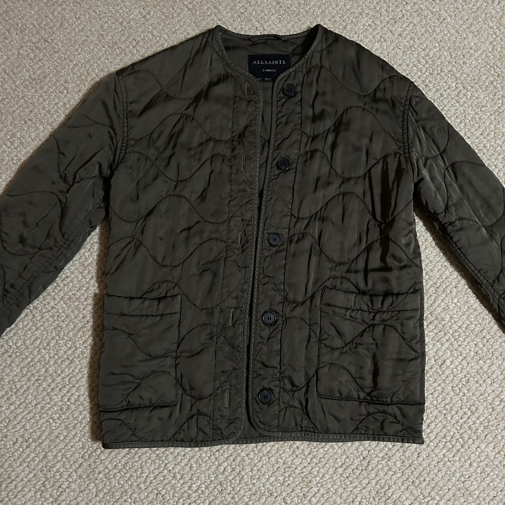 All Saints Quilted grey gray charcoal button up Jacket